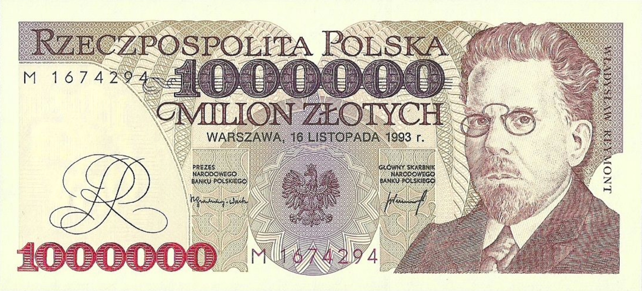 1000000 old Polish Zloty banknote Władysław Reymont ...