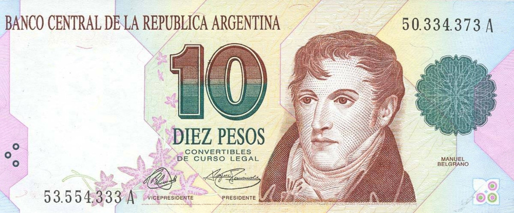 Argentina P360 Juana de Padilla and Belgrano UNC $7 CV 10 Pesos Gen Belgrano 
