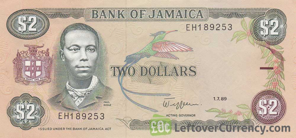 JAMAICA 2 DOLLARS P69 1989 STREAMER TRAIL BIRD UNC BILL MONEY CARIBBEAN BANKNOTE 