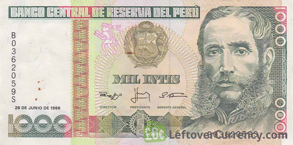 PERU 1000 Intis Banknote World Paper Money UNC Currency Pick p136b Bill Note 