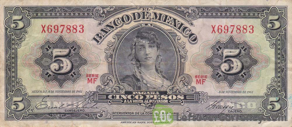 Details about   1963 Mexico 5 Pesos GYPSY Mexican banknote billete Serie AIQ 24 April 1963 C3578 