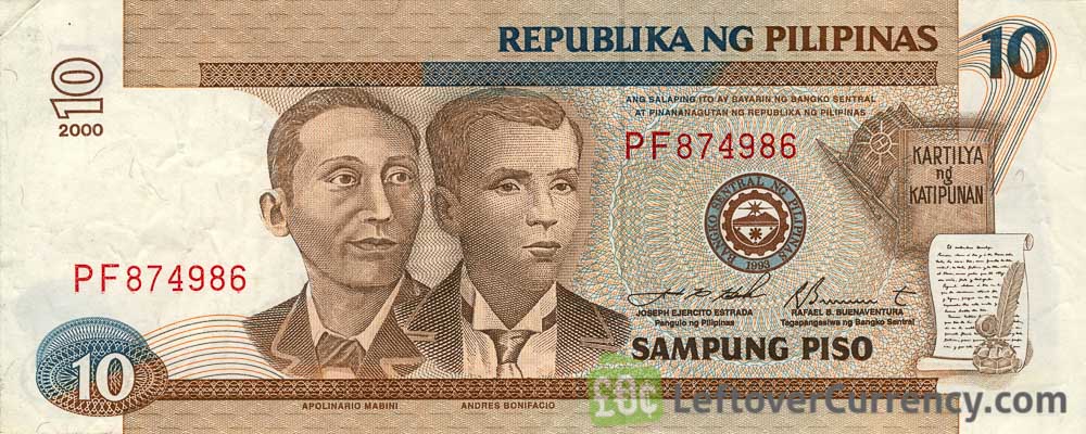10 Philippine Peso banknote - Mabini and Bonifacio obverse accepted for exchange