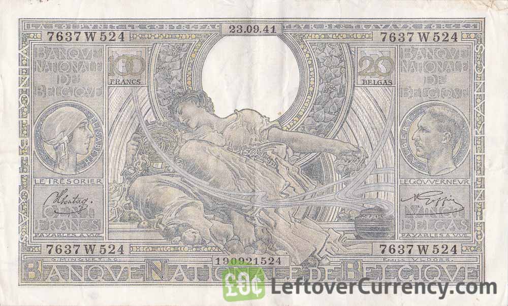 100 Belgian Francs (20 Belgas) banknote - type Vloors gray Dutch-French obverse accepted for exchange