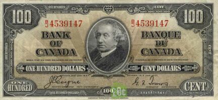 100 Canadian Dollars banknote series 1937 obverse accepted for exchange