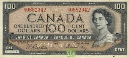100 Canadian Dollars banknote series 1954 obverse accepted for exchange