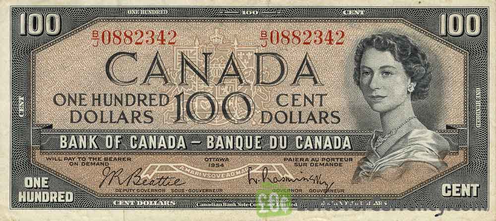 100 Canadian Dollars banknote series 1954 obverse accepted for exchange