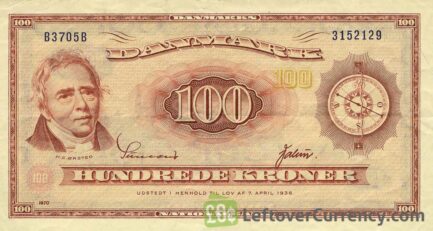 100 Danish Kroner banknote - Hans Christian Orsted obverse accepted for exchange