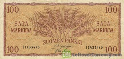 100 Finnish Markkaa banknote - 1955 wheat gold obverse accepted for exchange