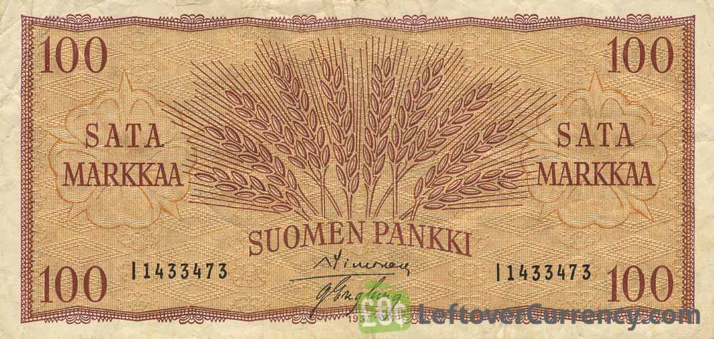 100 Finnish Markkaa banknote - 1955 wheat gold obverse accepted for exchange