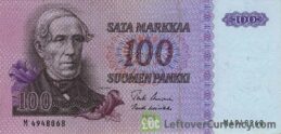 100 Finnish Markkaa banknote - Juhana Vihelm Snellman obverse accepted for exchange