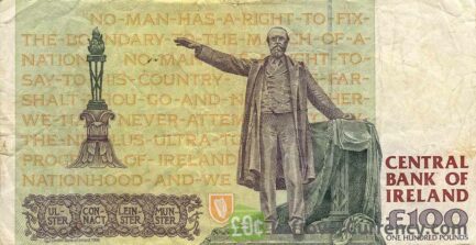 100 Irish Pounds banknote - Charles Stewart Parnell reverse accepted for exchange