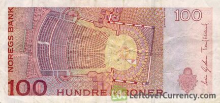 100 Norwegian Kroner banknote (Kirsten Flagstad) reverse accepted for exchange