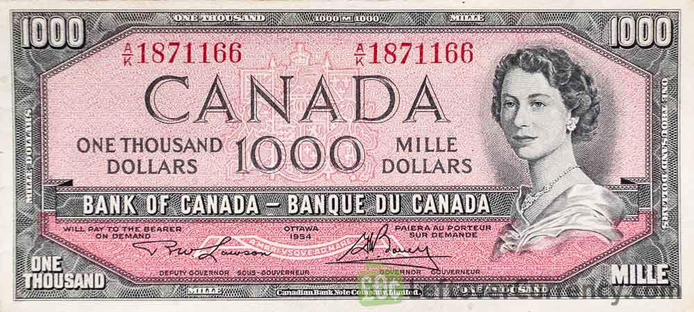 1000 Canadian Dollars banknote series 1954 obverse