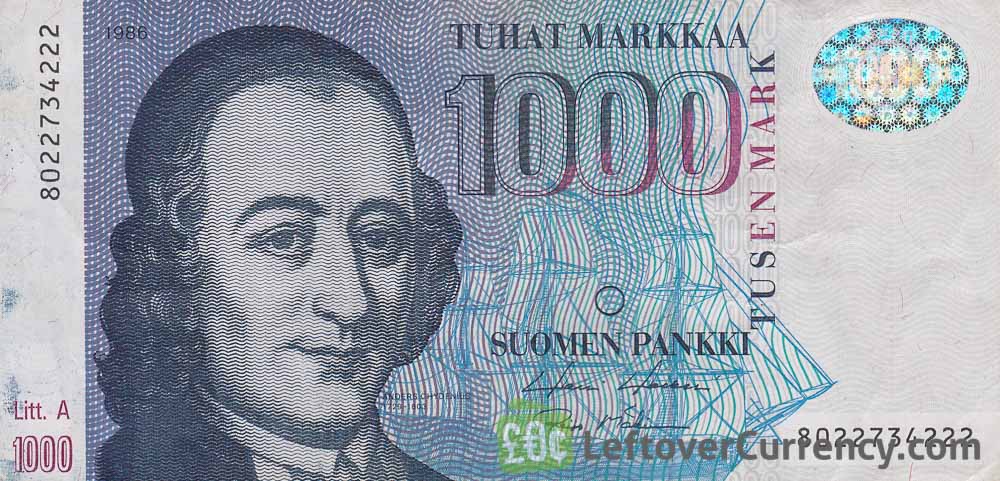 1000 Finnish Markkaa banknote (Anders Chydenius) obverse accepted for exchange