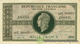 1000 French Francs banknote - Tresor Central type Marianne obverse accepted for exchange