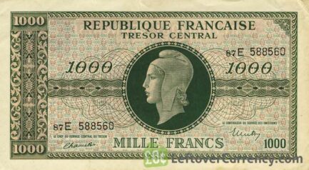 1000 French Francs banknote - Tresor Central type Marianne obverse accepted for exchange