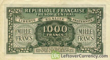 1000 French Francs banknote - Tresor Central type Marianne reverse accepted for exchange