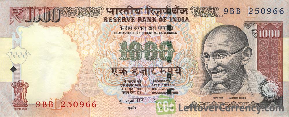 1000 Indian rupees banknote Gandhi obverse