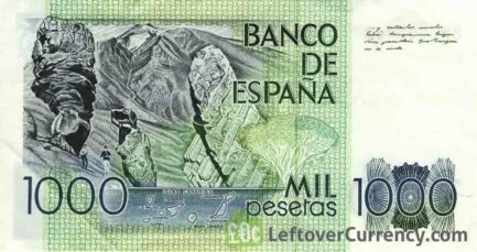 1000 Spanish Pesetas banknote (Benito Perez Galdos) reverse accepted for exchange
