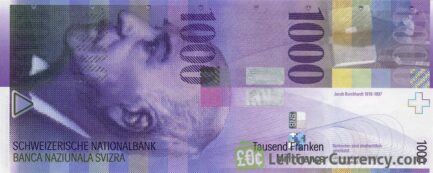 1000 Swiss Francs banknote - Jacob Burckhardt - 8th Series obverse accepted for exchange