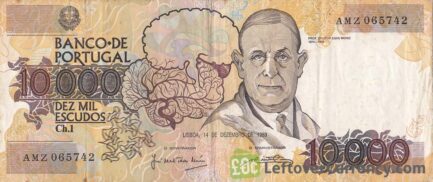 10000 Portuguese Escudos banknote (Dr. Antonio Caetano de Abreu Preire Egas Moniz) obverse