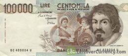 100000 Italian lire banknote Caravaggio 1983 obverse