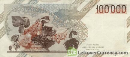 100000 Italian Lire banknote Caravaggio 1983 reverse