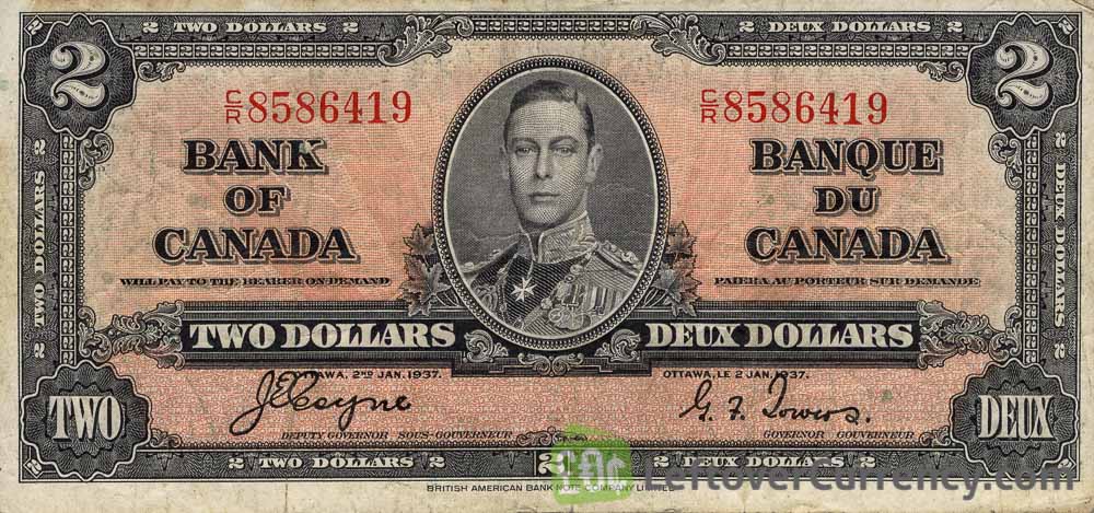 2 Canadian Dollars banknote series 1937 obverse accepted for exchange