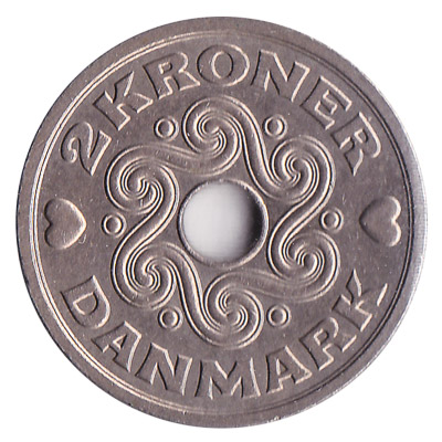 2 Danish kroner coin obverse accepted for exchange