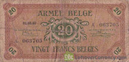 20 Belgian Francs banknote - Armée Belge obverse accepted for exchange