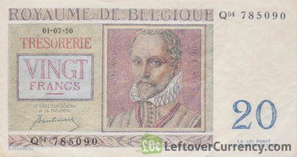 20 Belgian Francs Treasury banknote (Orlande de Lassus) obverse