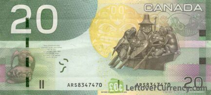 20 Canadian Dollars banknote (native art Canadian Journey) reverse accepted for exchange