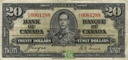 20 Canadian Dollars banknote series 1937 obverse accepted for exchange