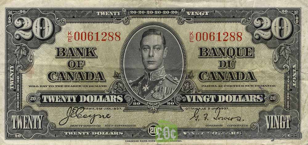 20 Canadian Dollars banknote series 1937 obverse accepted for exchange