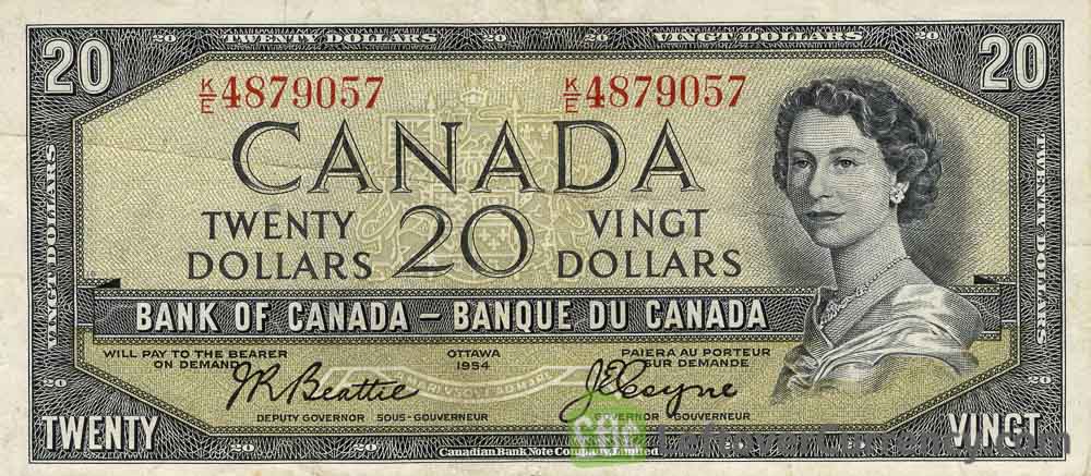 20 Canadian Dollars banknote series 1954 obverse accepted for exchange