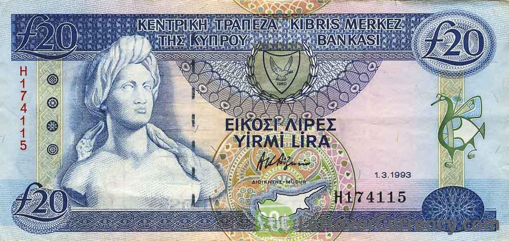 20 Cypriot Pounds banknote series 1992 obverse accepted for exchange