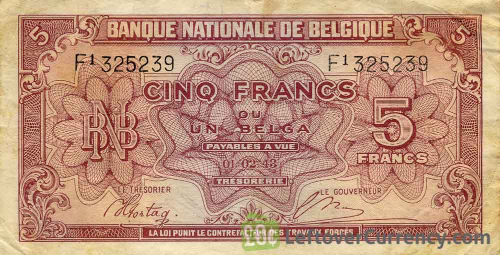 5 Belgian Francs banknote - type Londres obverse accepted for exchange