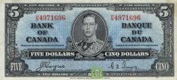 5 Canadian Dollars banknote series 1937 obverse accepted for exchange