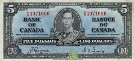 5 Canadian Dollars banknote series 1937 obverse accepted for exchange