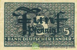 5 Pfennig banknote Germany - Bank Deutcher Länder obverse accepted for exchange