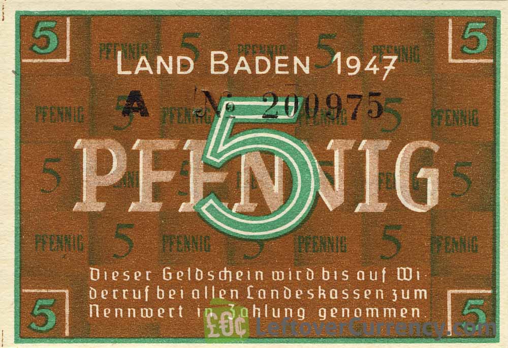 5 Pfennig banknote Germany - Land Baden 1947 obverse accepted for exchange