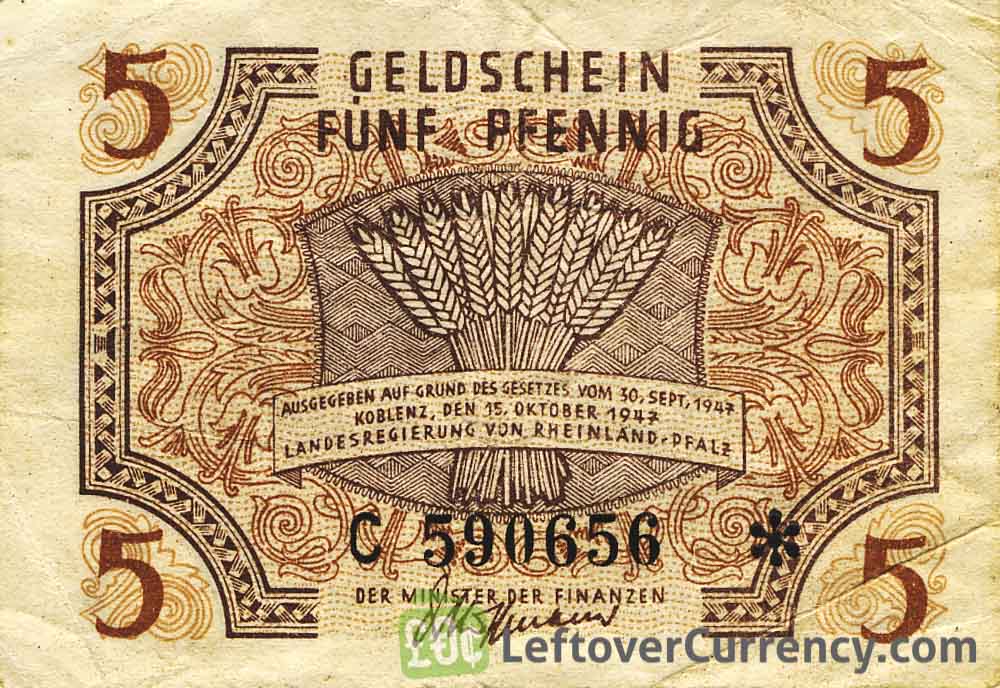5 Pfennig banknote Germany - Rheinland-Pfalz 1947 obverse accepted for exchange