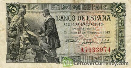5 Spanish Pesetas banknote - Isabel de Catolica and Columbus obverse accepted for exchange