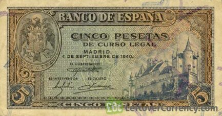 5 Spanish Pesetas banknote - Palace of Segovia obverse accepted for exchange