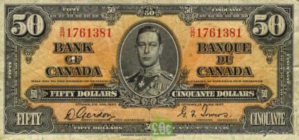 50 Canadian Dollars banknote series 1937 obverse accepted for exchange