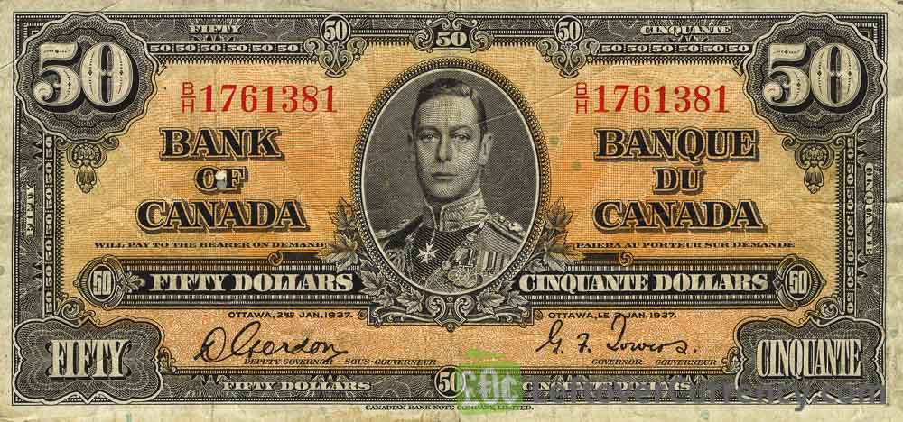 50 Canadian Dollars banknote series 1937 obverse accepted for exchange