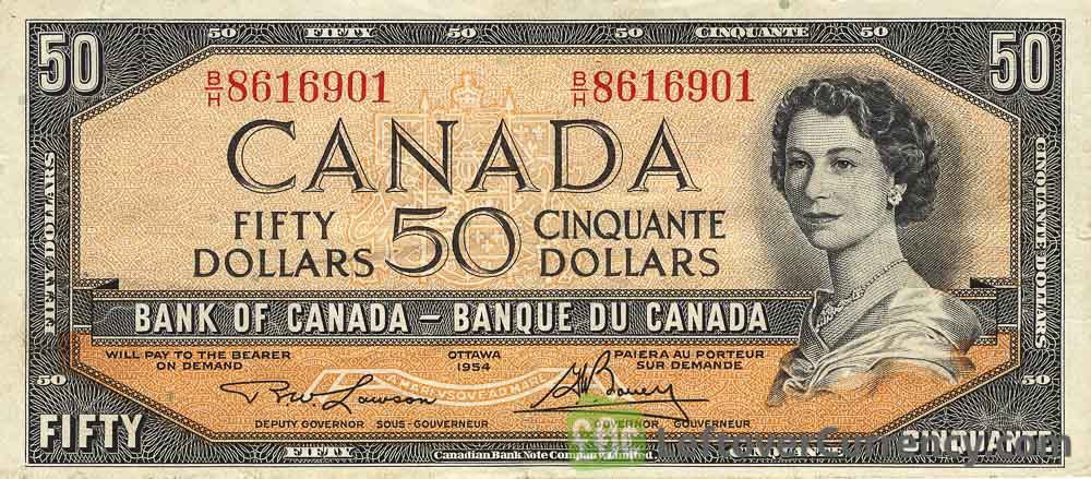 50 Canadian Dollars banknote series 1954 obverse accepted for exchange