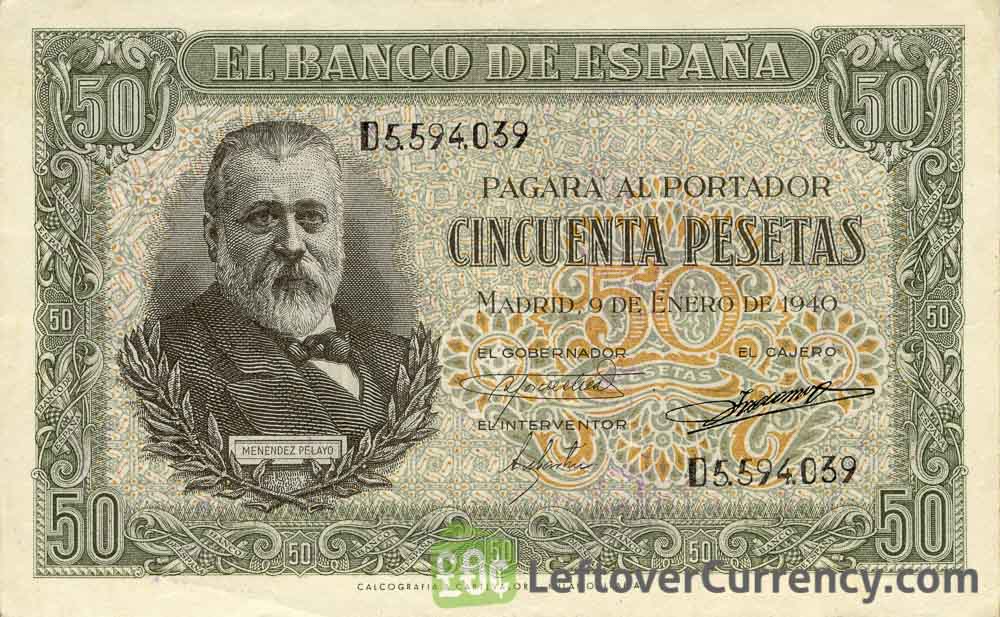 50 Spanish Pesetas banknote - Marcelino Menendez obverse accepted for exchange