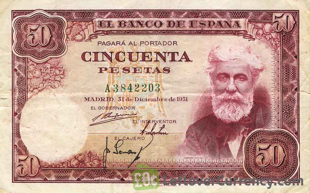 50 Spanish Pesetas banknote - Santiago Rusinol obverse accepted for exchange