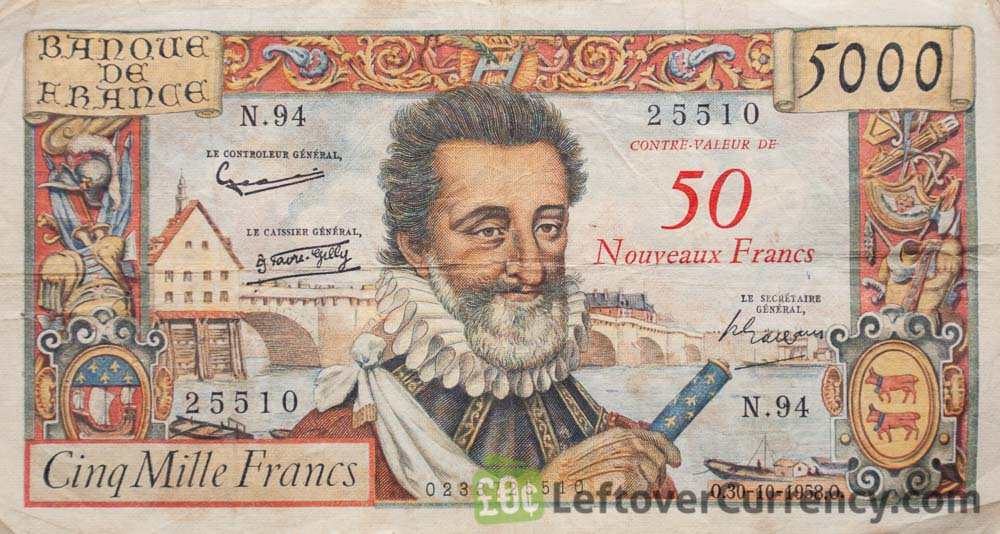5000 French Francs (50 Nouveaux Francs) banknote Henry IV obverse
